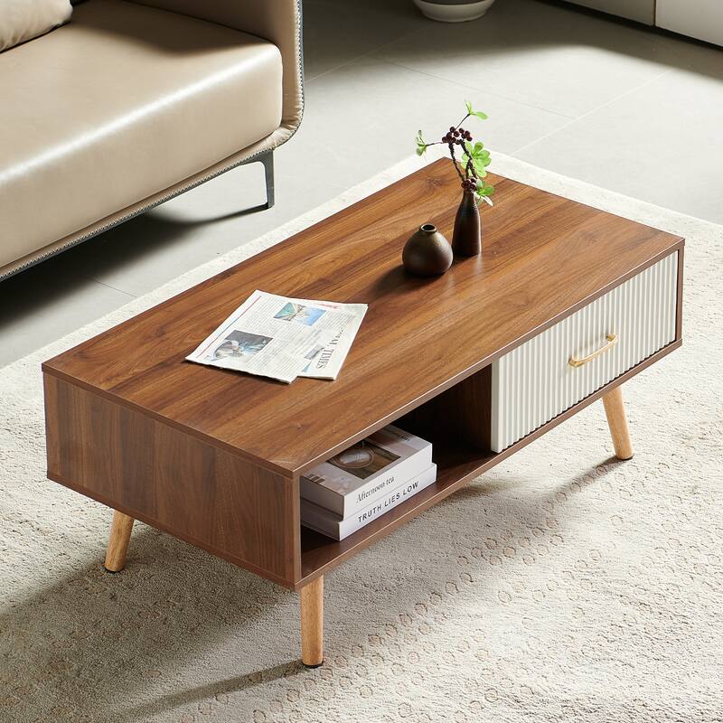 Modern Coffee Table with Drawer for Living Room,Solid Wood Legs