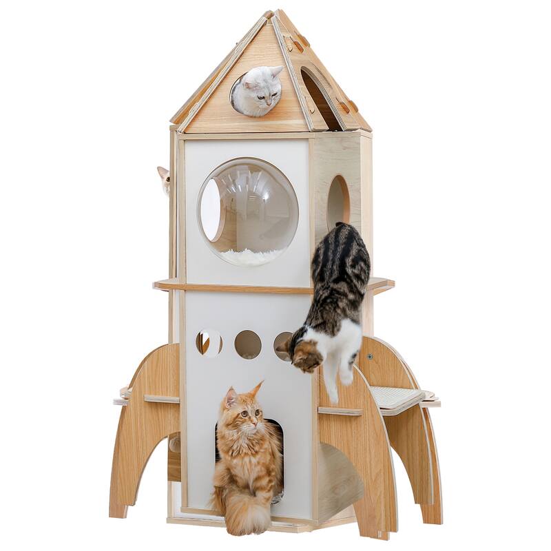 Modern Rocket Shape Multi-level Cat Tree with 3 Condos & Dangling Balls - Beige