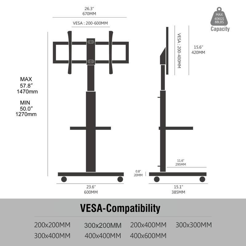 FITUEYES Rolling TV Floor Stand for 32 - 70 Inch TVs, with One Shelf and Upgraded 360° rotating wheels,Hold up to 88 lbs,