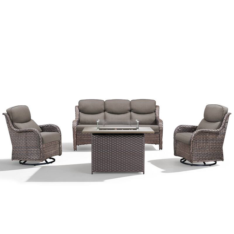 Meyreso 4-Piece Outdoor Patio Wicker Fire Pit Conversation Set with 5-Inch Thick Olefin Cushions