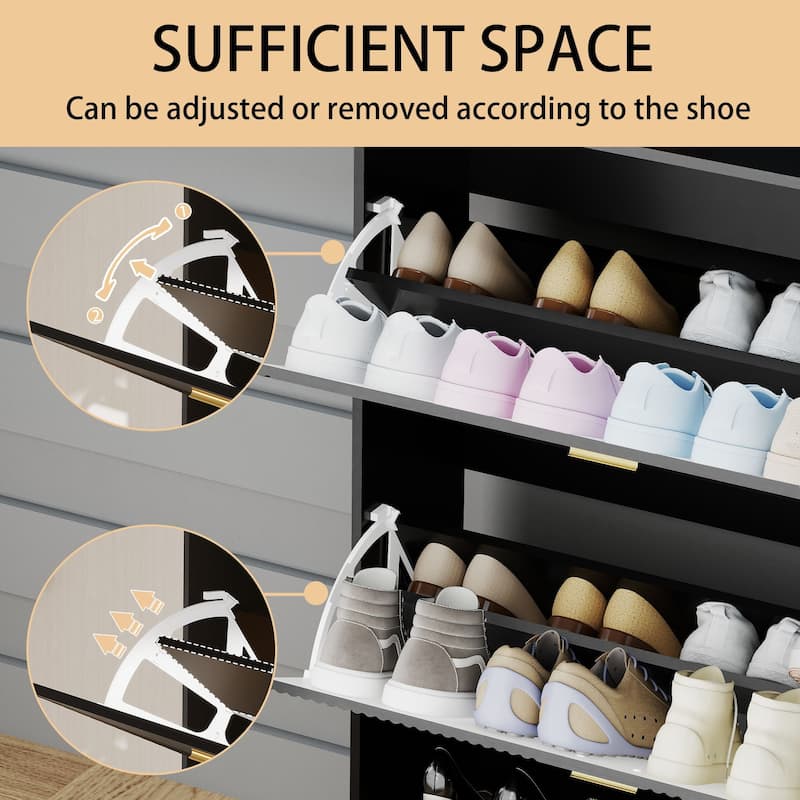 Slim Shoe Cabinet, Fluted Hidden Shoe Storage Cabinet with 2 Flip Drawers