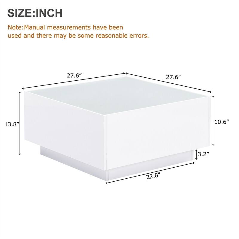 Square Hight Glossy Coffee Table with 16-color LED Strip Lights, Modern Center Table with 5mm Frosted Tempered Glass Top