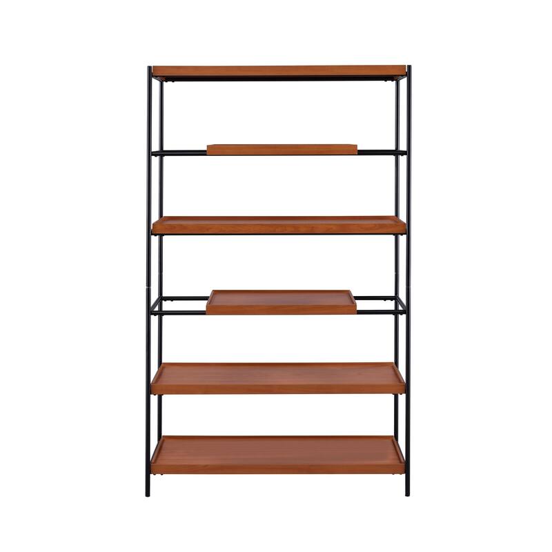 5 Tier Wooden Bookshelf with Open Metal Frame, Oak Brown and Black