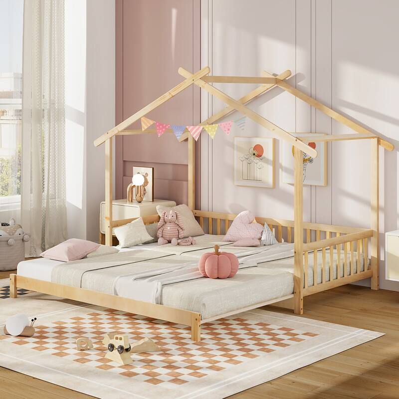 Gymax Wooden House Bed Twin to King Daybed w/ Safety Rails & Decorable