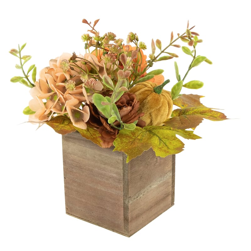 10"x8" Orange Floral Pumpkin Wooden Box Fall Harvest Tabletop Decor