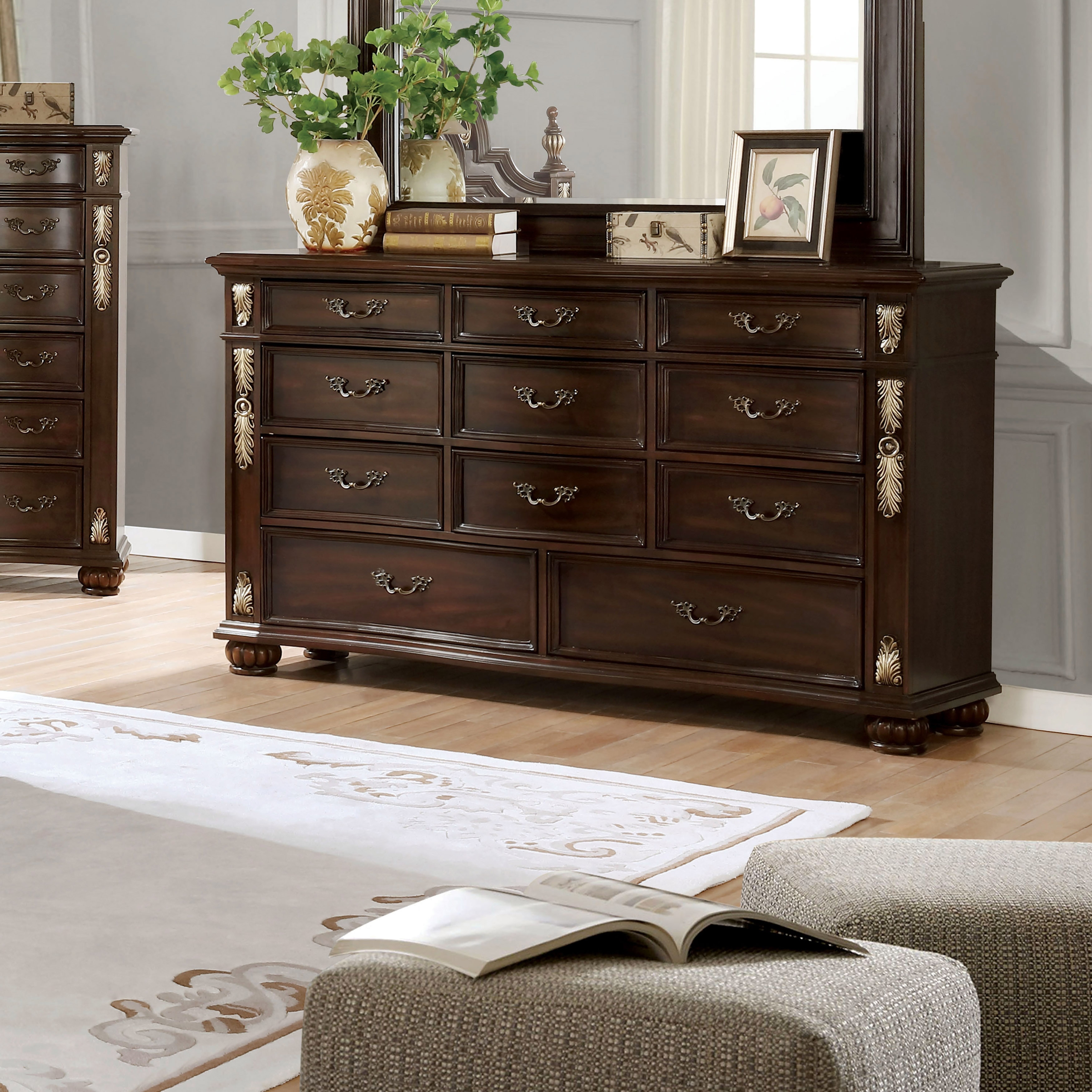 cherry wood long dresser Benjara Miri 51 Inch 6 Drawer Tall Dresser Chest, Brass Carved, Cherry Oak Brown
