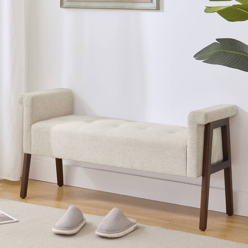 Modern Fabric Upholstered Entryway Storage Bench with Wooden Legs and Armrests - Beige