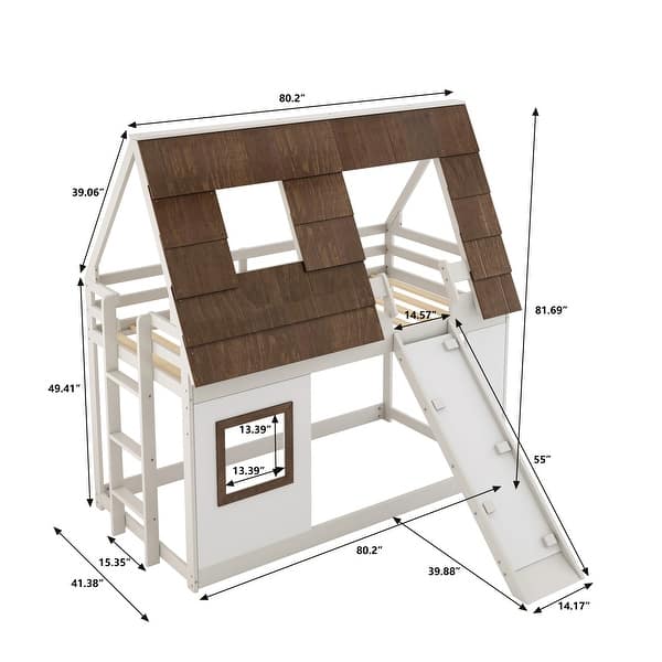 Cozy and Fun Wood Twin Size House Bunk Bed with Window Roof Shape Design with Ladder and Climbing Ramp