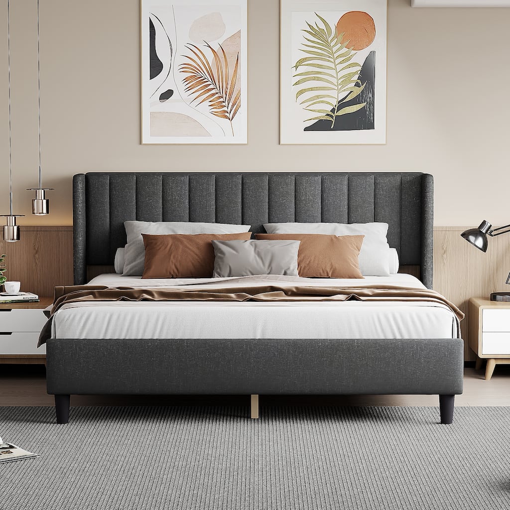 King size Upholstered Platform Bed Frame with Headboard, No Box Spring Needed