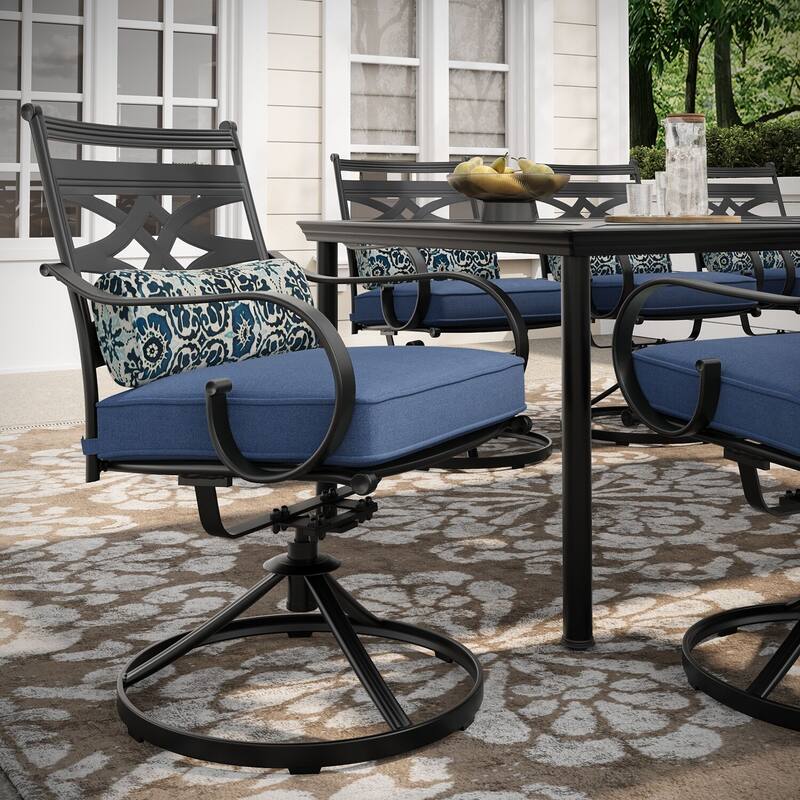 Hanover Montclair 9-Piece Dining Set in Navy Blue with 8 Swivel Rockers and a 42-In. x 84-In. Table