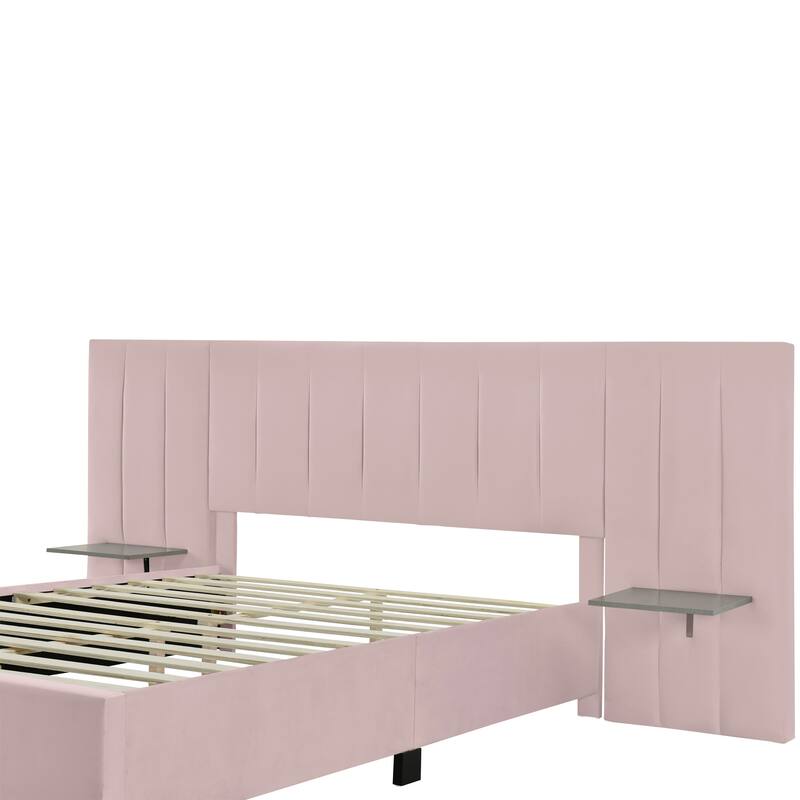 Modern Velvet Upholstered Platform Bed with Large Headboard
