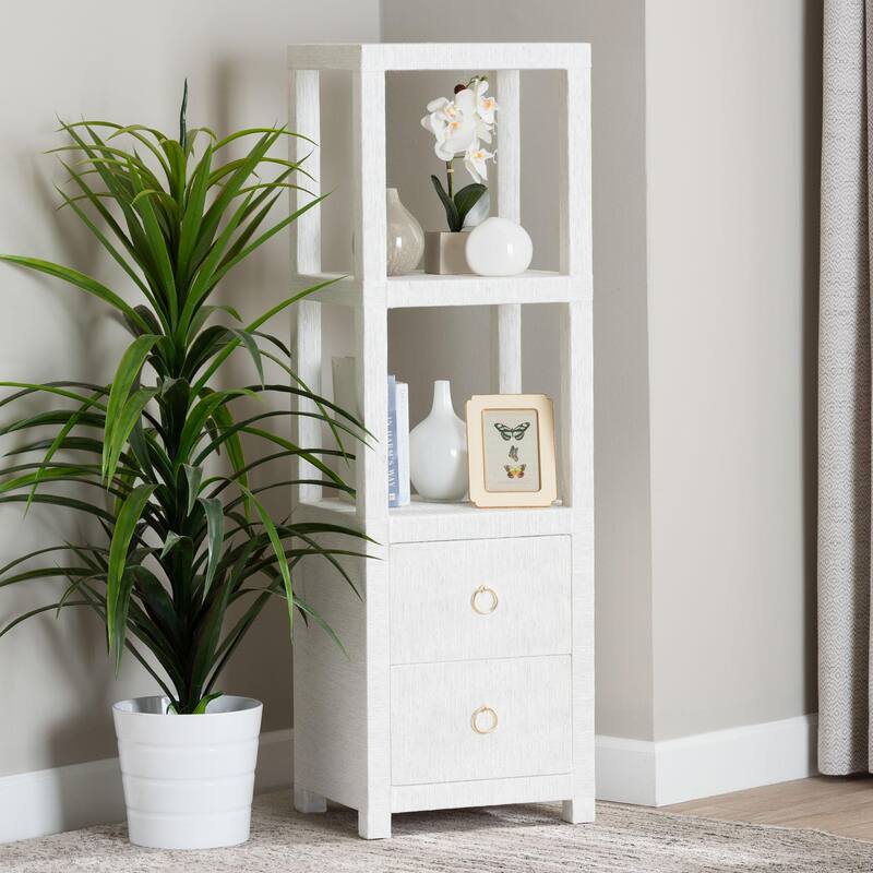 Xavier Grasscloth Tall Storage Cabinet - Woven Accent Tower Bookcase with Open Shelves and Drawers, Space-Saving Organizer