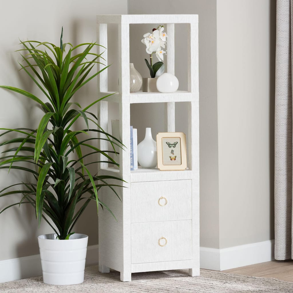 Xavier Grasscloth Tall Storage Cabinet - Woven Accent Tower Bookcase with Open Shelves and Drawers, Space-Saving Organizer