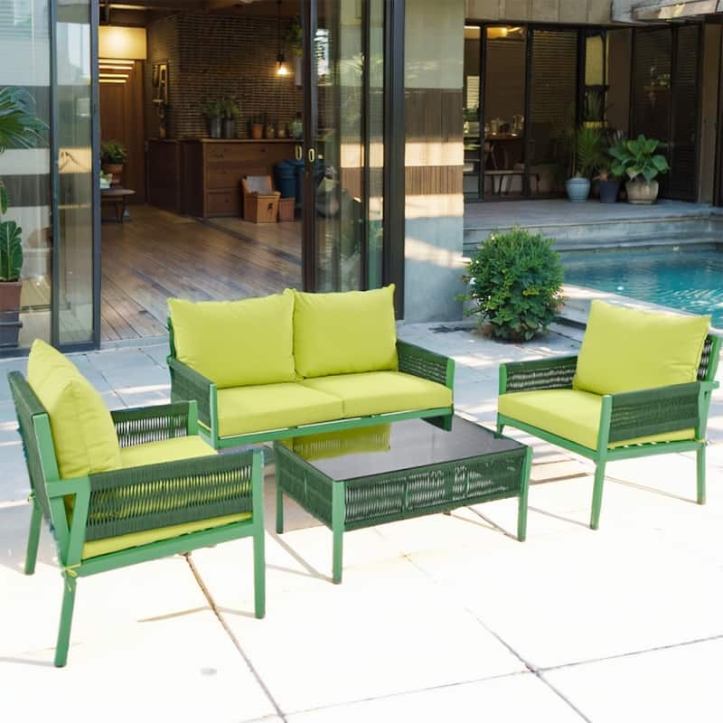 4-Piece Rope Outdoor Patio Furniture Set, Patio Conversation Set - 1Loveseat&1Table&2Chairs - Green