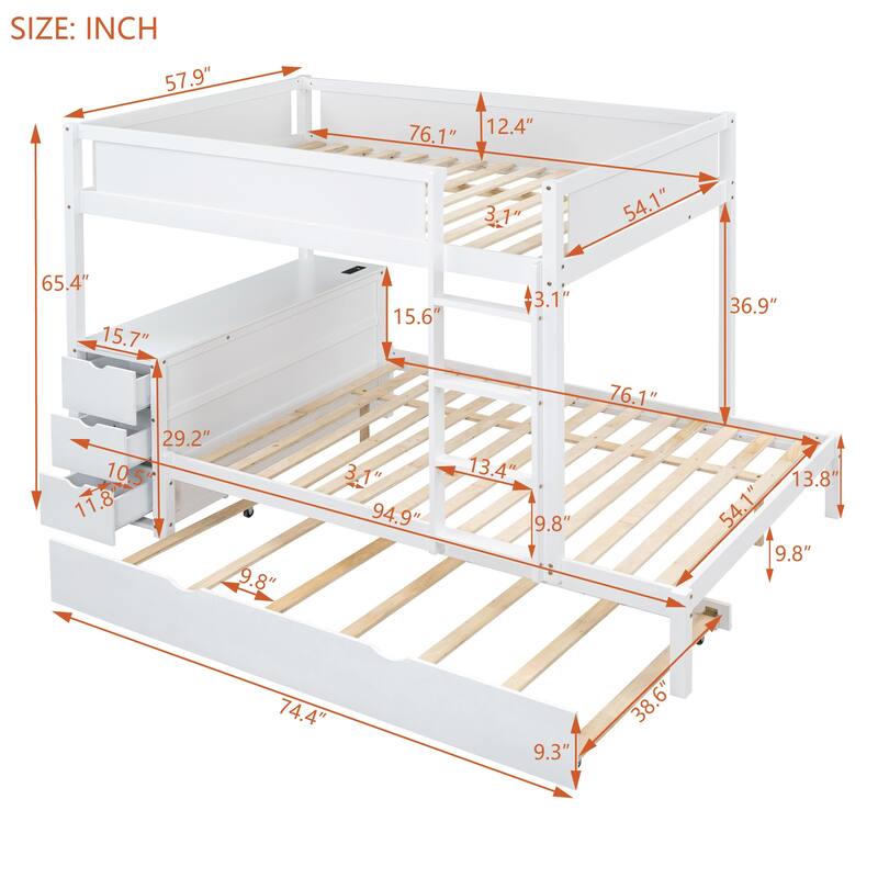 Twin-Over-Twin Bunk Bed with Trundle, Storage, and Desk, Space-Saving Design, USB Ports, Ideal for Overnight Guests