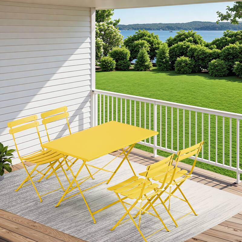 4-Person Foldable Patio Set – Weatherproof Iron Bistro Table & Chairs, Space-Saving, Ergonomic, No-Tools Assembly - Yellow
