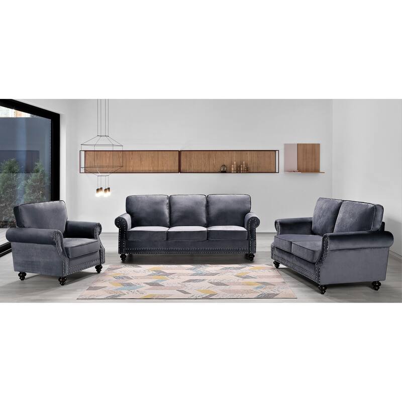 Ramos Nailhead Velvet 3-Piece Set-Loveseat Sofa and Chair - Grey