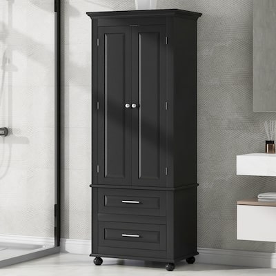 Floor Standing Bathroom Cabinet 62.50" H Wooden Bathroom Cabinet with 2 Drawers 2 Door Vertical Bathroom Organizer Cabinet
