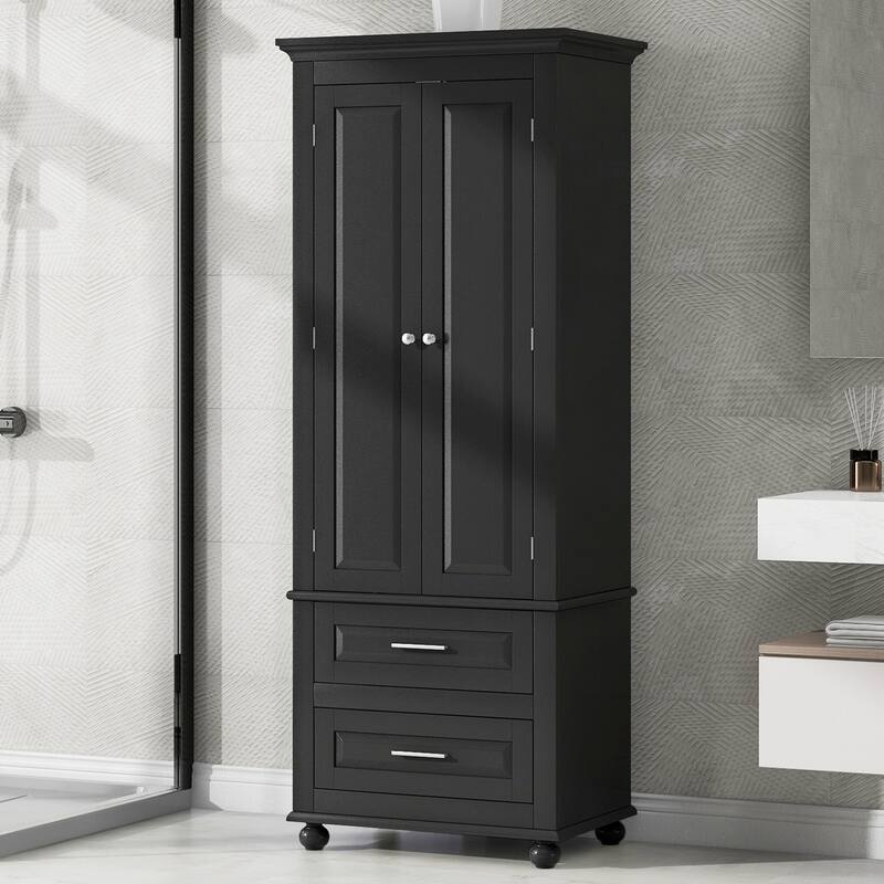 Freestanding Tall Storage Cabinet with 2 Drawers, 2 Doors, Round Legs and Adjustable Shelf for Bathroom Office Kitchen - Black