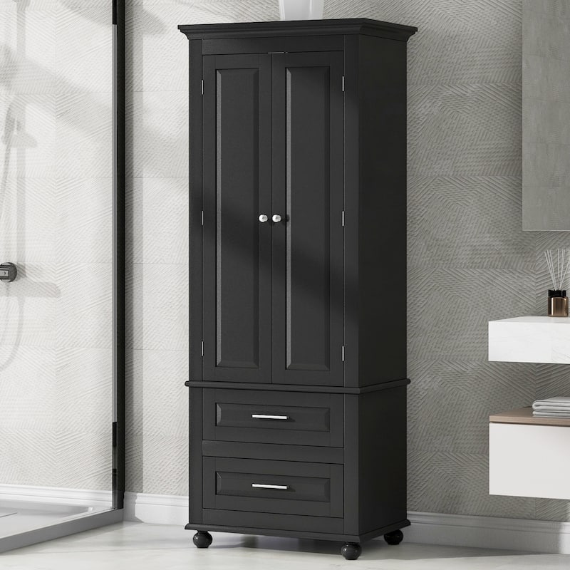 Roomfitters Tall Storage Cabinet with 2 Drawers for Bathroom or Office Freestanding Painted MDF Frame - Black
