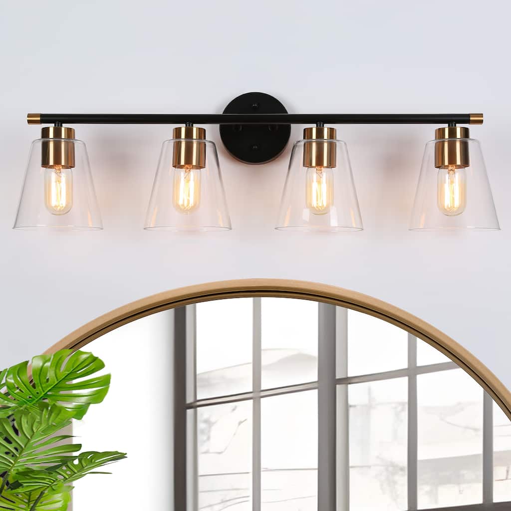 Modern Transitional Black 4-Light Black Brass Bathroom Vanity Lights with Cone Clear Glass - 30"W x 6.5"D x 9.5"H
