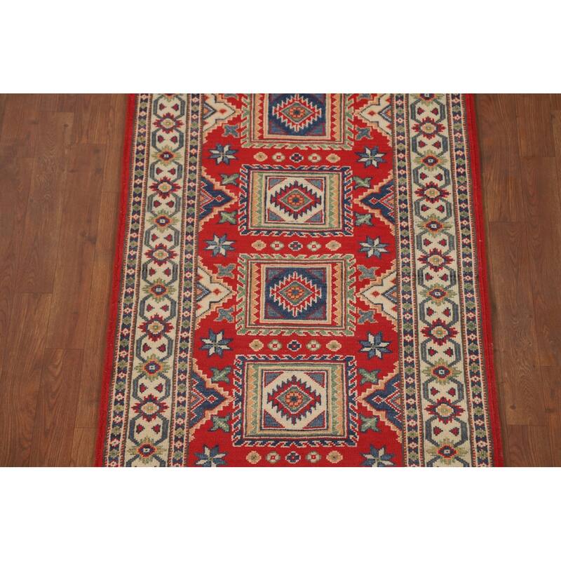 Geometric Kazak Runner Rug Hand-Knotted Red Wool Carpet - 2'9" x 9'4"