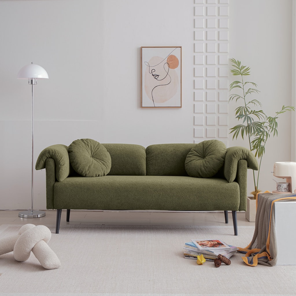 Chic Modern Lamb Wool Sofa with Decorative Pillows, Compact, Sturdy and Stylish for Any Small Space