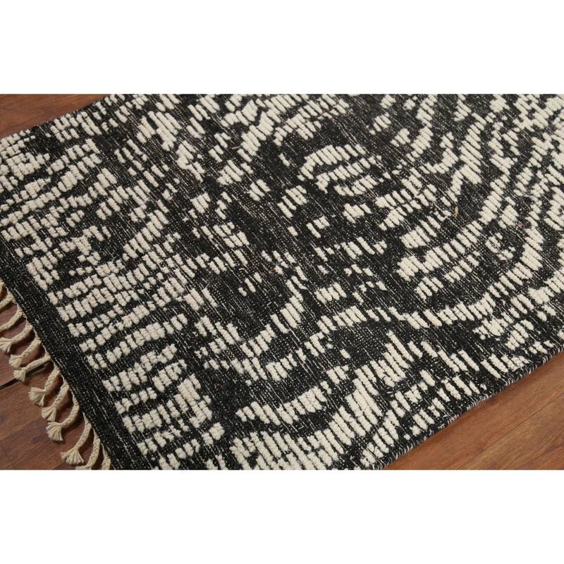Black & White Moroccan Abstract Rug Hand-Knotted Wool Carpet - 3'0"x 4'11"