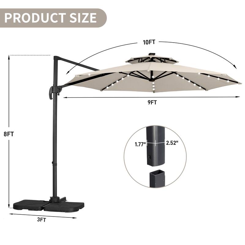 Autlaycil 10FT Cantilever Patio Umbrella with Solar Lights Included Base 360 Rotation Large Offset Hanging Outdoor Shade