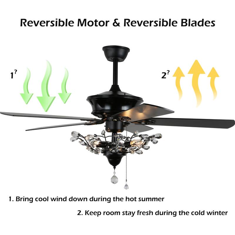 Bella Depot 52-inch Modern 5-Blade Reversible Branches Crystal Ceiling Fan with Light Kit and Remote, 3-Speed - 52"