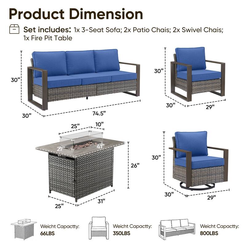 Pocassy 6 Pieces Outdoor Sofa Chair with Fire Pit Table Set