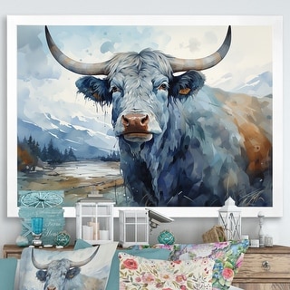 Designart quot Blue And Grey Yak Painting quot Yaks Framed Canvas Art Print