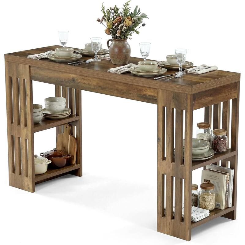 63 Inch Bar Table, Wooden Bistro Table with Wine Rack, Large Home Bar Unit, Pub Table with Storage Shelves