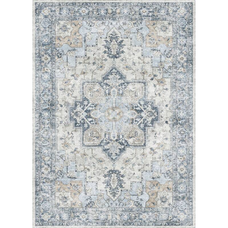 Mcow Neutral Floral Low Pile Machine Washable Non-Slip Area Rug - 5'X8' - Blue - Rectangle