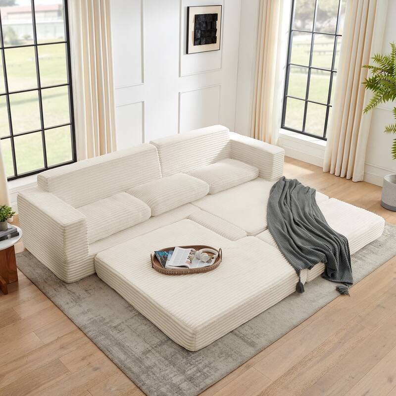 Left Sectional Sofa, L-Shaped Corduroy Couch, Converts to Bed