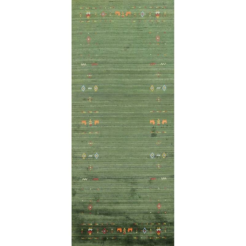 Hand Knotted Oriental Viscose Silk Carpet Tribal Animal Pictorial Green Gabbeh Runner Rug - 7' 6'' X 2' 8''
