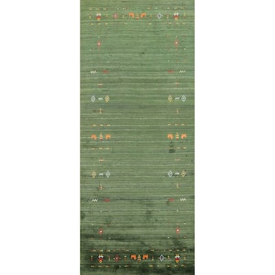 Hand Knotted Oriental Viscose Silk Carpet Tribal Animal Pictorial Green Gabbeh Runner Rug - 7' 6'' X 2' 8''