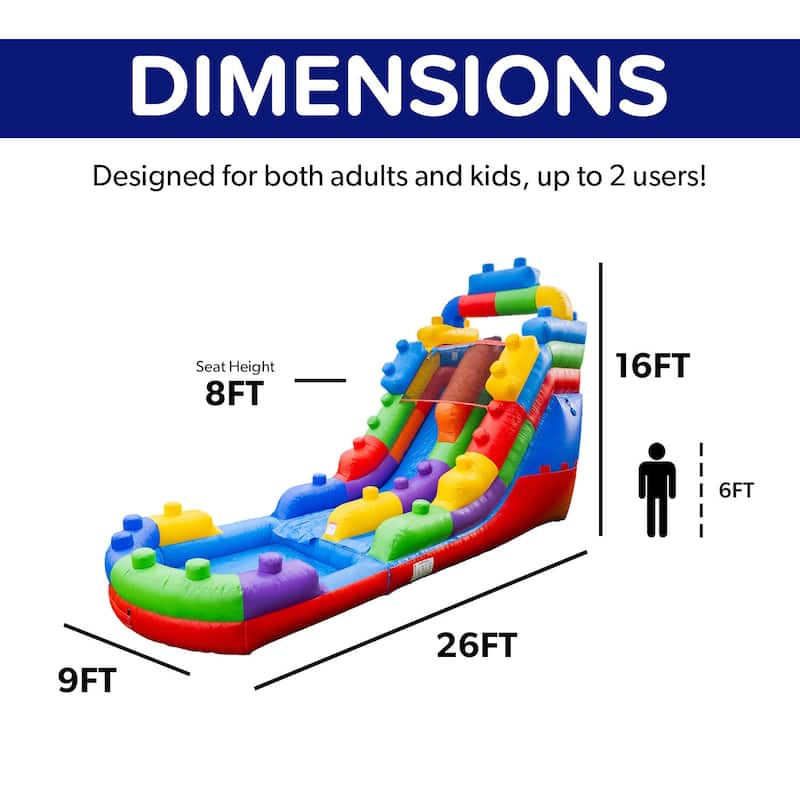 Herokiddo Block Party 16ft Tall Inflatable Water Slide with Air Blower & Attached Pool, Outdoor Play Commercial Grade Waterslide
