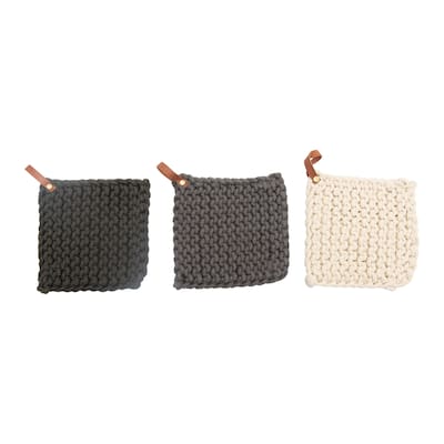 Square Crochet Cotton Pot Holders with Leather Loop, Set of 3 Colors