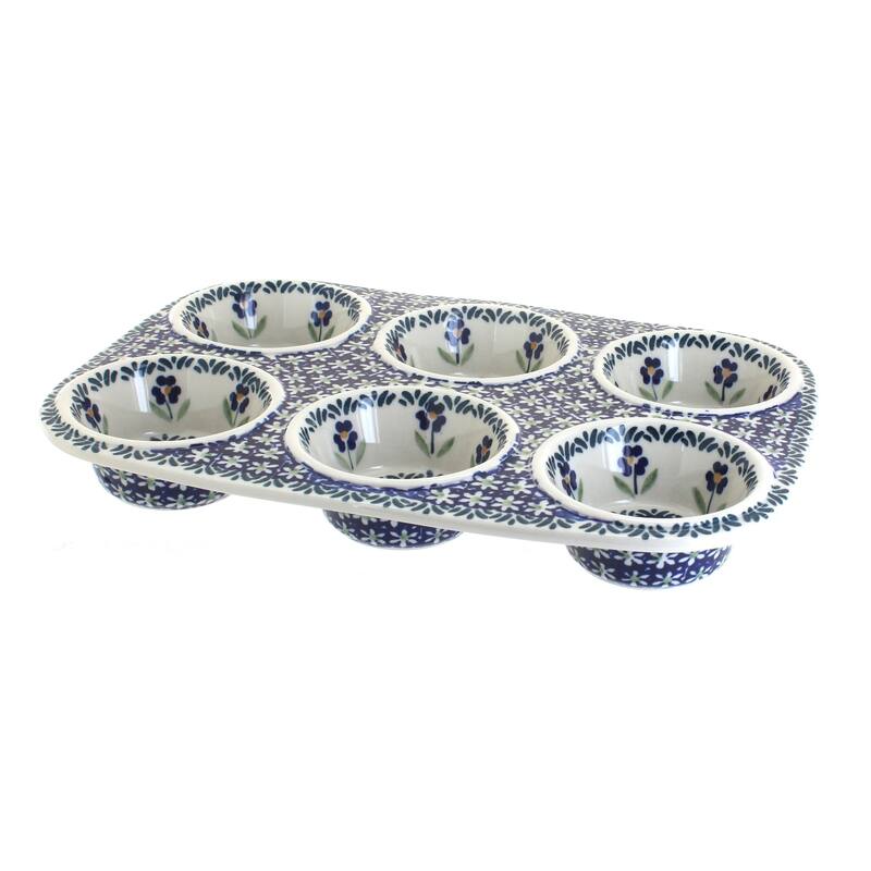 Blue Rose Polish Pottery F093 Manufaktura Muffin Pan - Blue Daisy