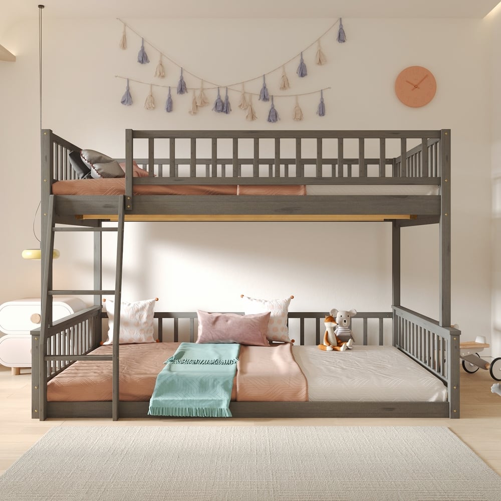 Solid Pinewood Floor Bunk Bed with Ladder and Safety Guardrails, Divided into 2 Separate Platform Bed Frame