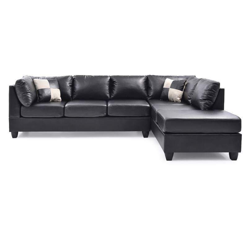 Reversible Faux Leather 4-Seater Sectional Sofa with Throw Pillows - 111" - Black