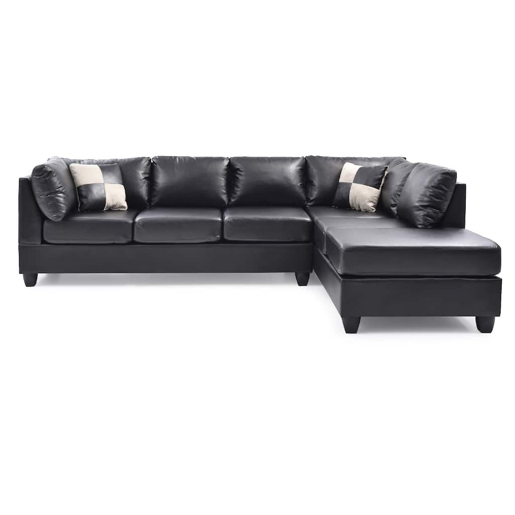 Reversible Faux Leather 4-Seater Sectional Sofa with Throw Pillows - 111" - Black