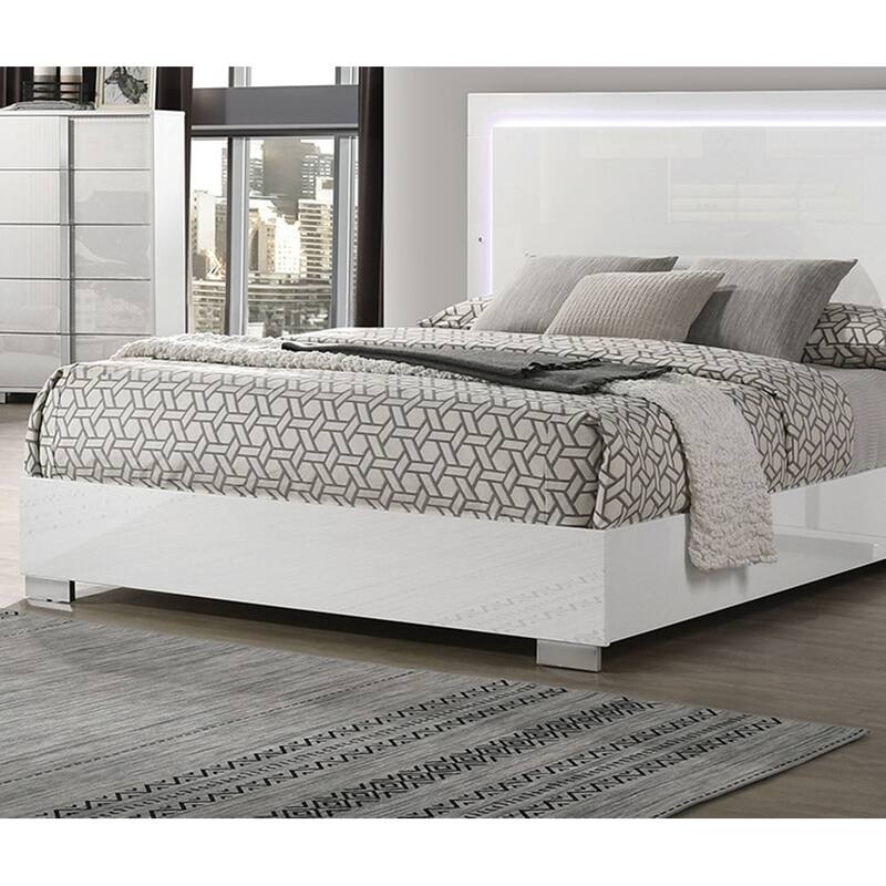 Queen Size Bed with LED Headboard, White UV Finish, Modern Bedroom Furniture