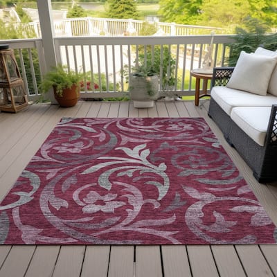 Machine Washable Indoor/ Outdoor Chantille Floral Scroll Rug