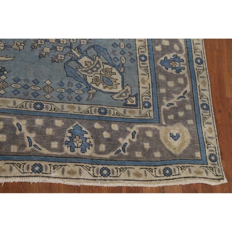 Geometric Blue Tabriz Persian Rug Traditional Hand-Knotted Wool Carpet - 6'7"x 9'9"