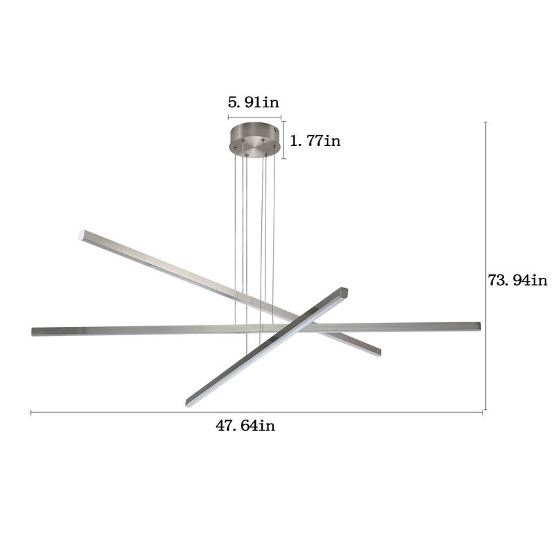 48-Inch Modern LED Chandelier ， Adjustable 3-Arm Geometric Design, Energy-Efficient & Sleek Metal Finish - Chrome