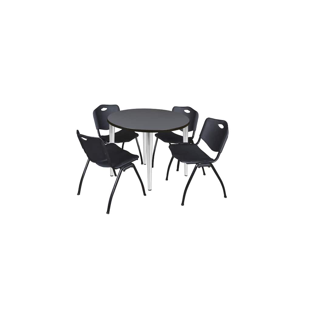 36 in. Round Breakroom Table- Grey Top, Chrome Base & 4 M Stack Chairs- Black