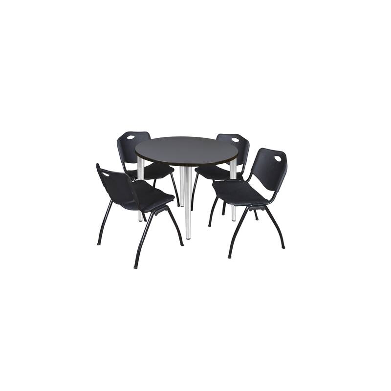 36 in. Round Breakroom Table- Grey Top, Chrome Base & 4 M Stack Chairs- Black