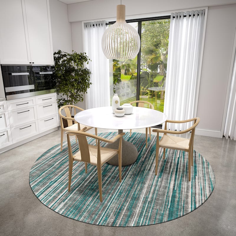 Indoor/Outdoor Waverly Modern Stripes Washable Rug - 8' x 8' Round - Peacock